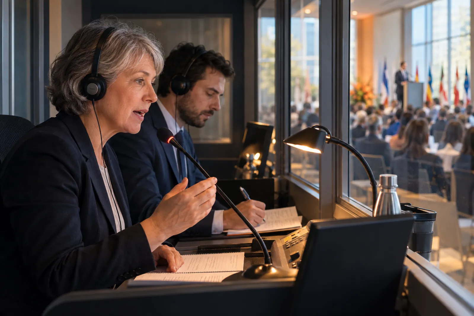 Deux interprètes en cabine pendant une conférence internationale