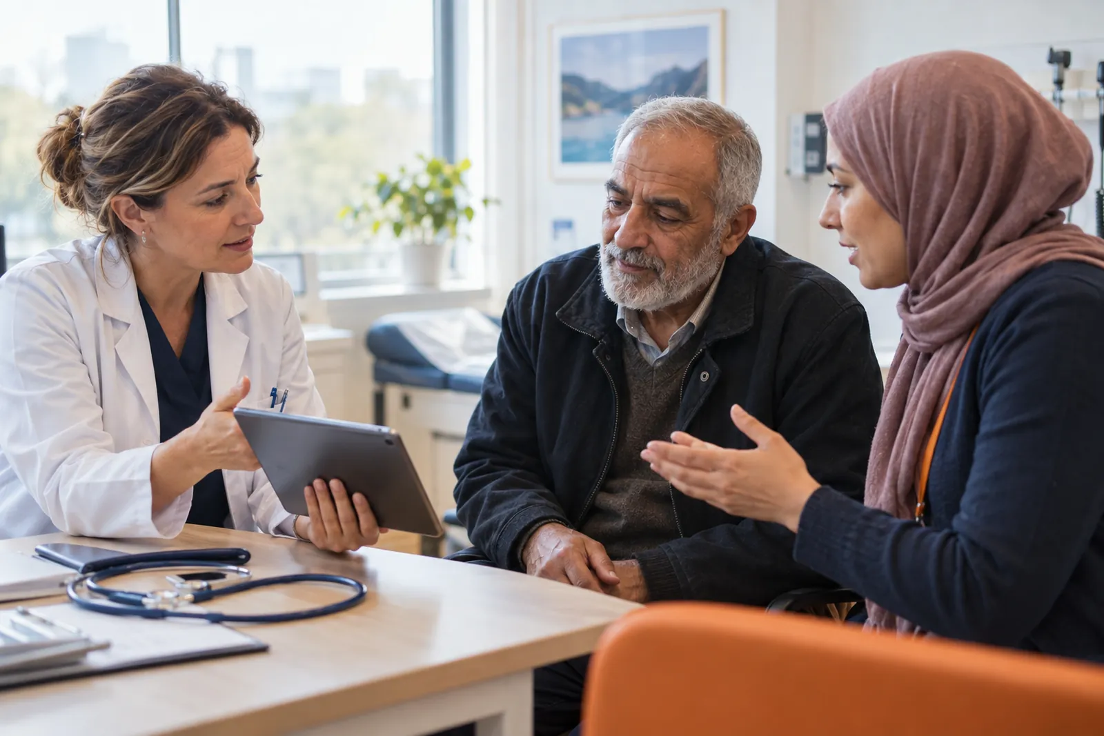 Médecin expliquant un résultat à un patient avec l'aide d'une interprète