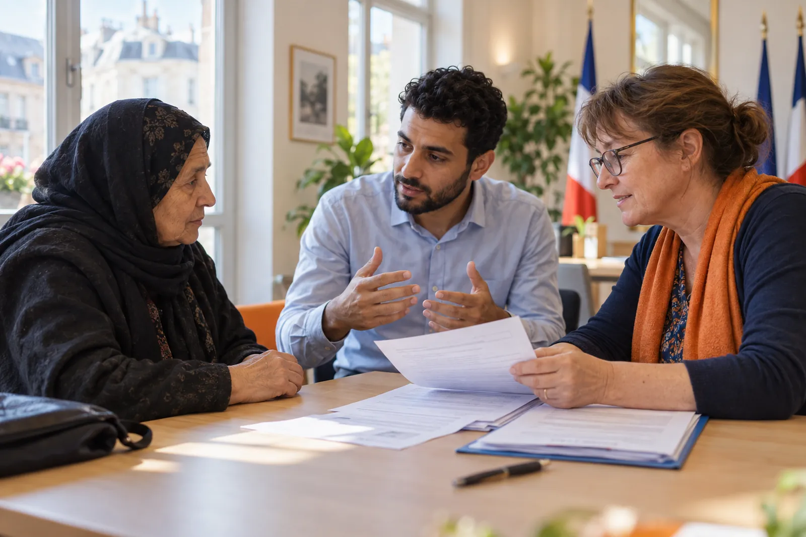 Interprète entre une employée de mairie et une femme afghane pendant un rendez-vous